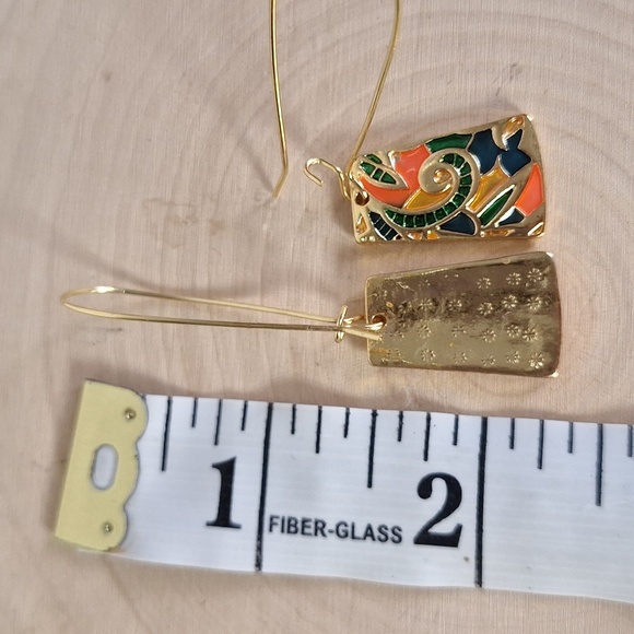Boho Mosaic Enamel Gold Multicolor Abstract Dangle Earrings – Statement Jewelry - Picture 5 of 5